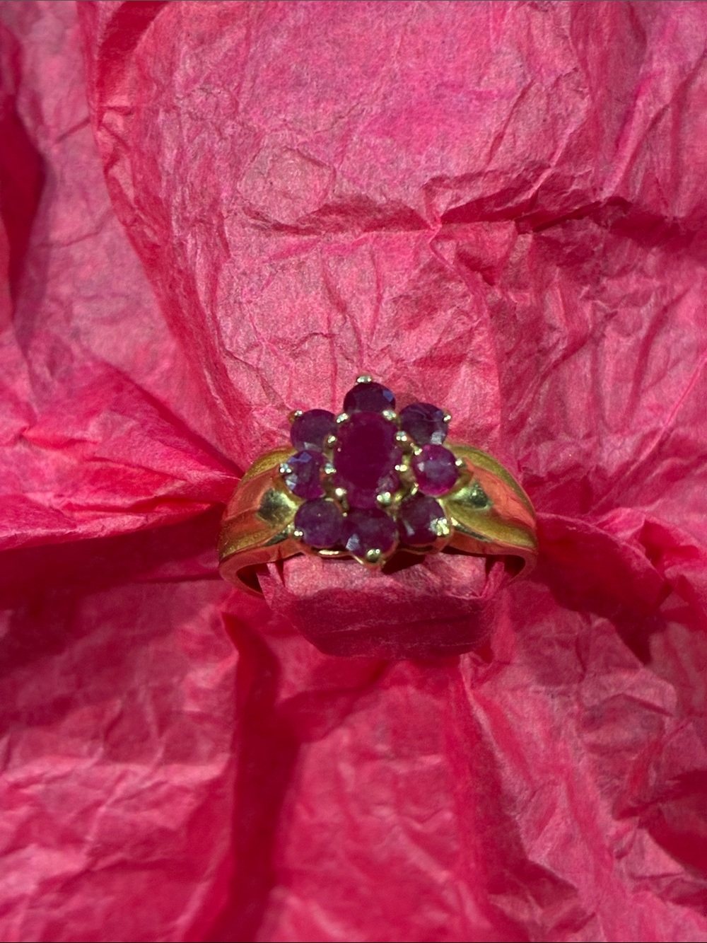 10 K Gold Ring with Burmese Ruby Cluster. 3.44 Grams. Size 7
